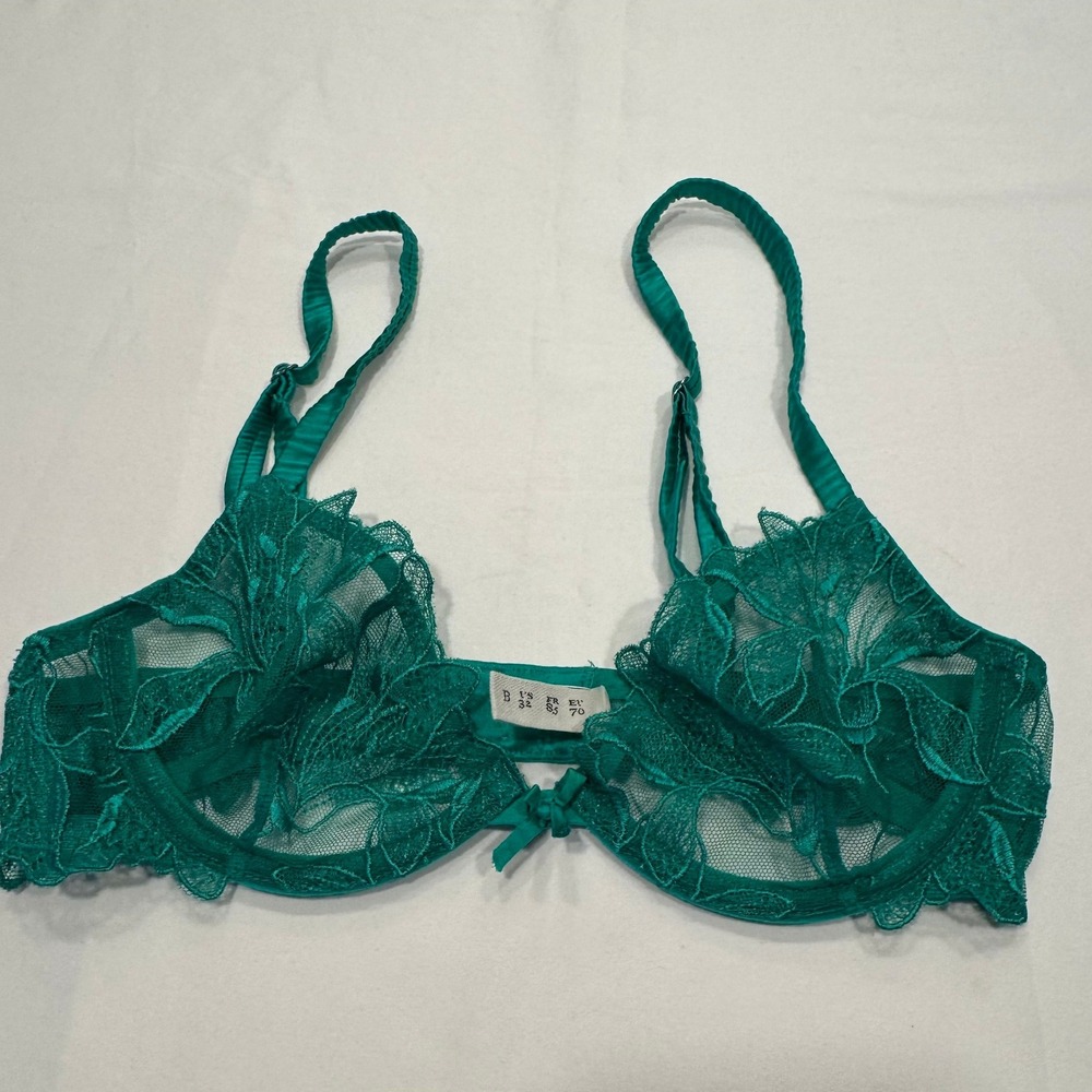 Fleur du Mal Lily Embroidered Demi Bra 32B Teal Green Lace Silk Trim Excellent